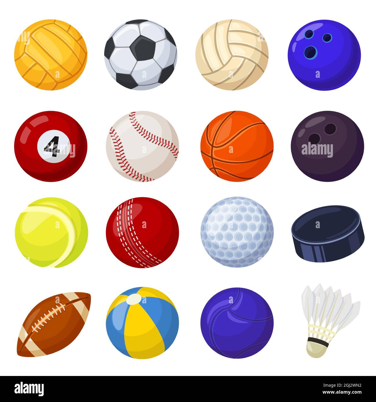 Ballons de sport de dessin animé, différents équipements de jeux de sport.  Football volley-ball golf football baseball billard cricket, rugby ensemble  de vecteur de hockey. Outils pour les loisirs et le divertissement