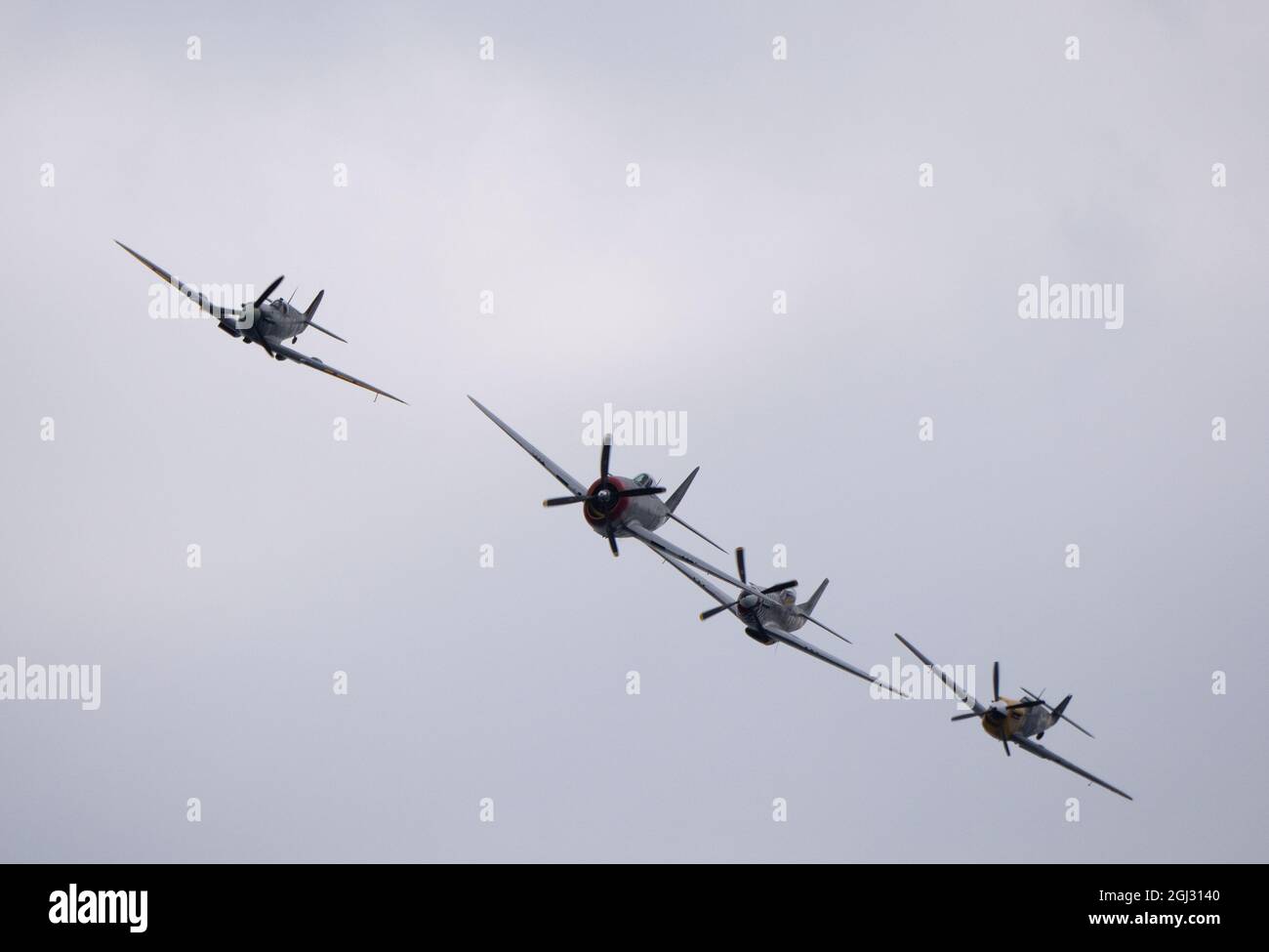 Vue de face des avions Vintage WW2 Buchon, Supermarine Spitfire, P-47D Thunderbolt 'Nellie' et TF-51D Mustang 'contrevient Mary'. Banque D'Images