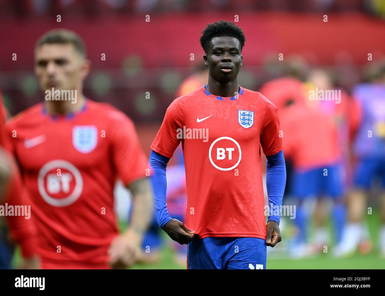 Bukayo Saka en Angleterre sur le terrain avant le match de qualification de la coupe du monde de la FIFA 2022 au PGE Narodowy Stadium, Varsovie. Date de la photo: Mercredi 8 septembre 2021. Banque D'Images