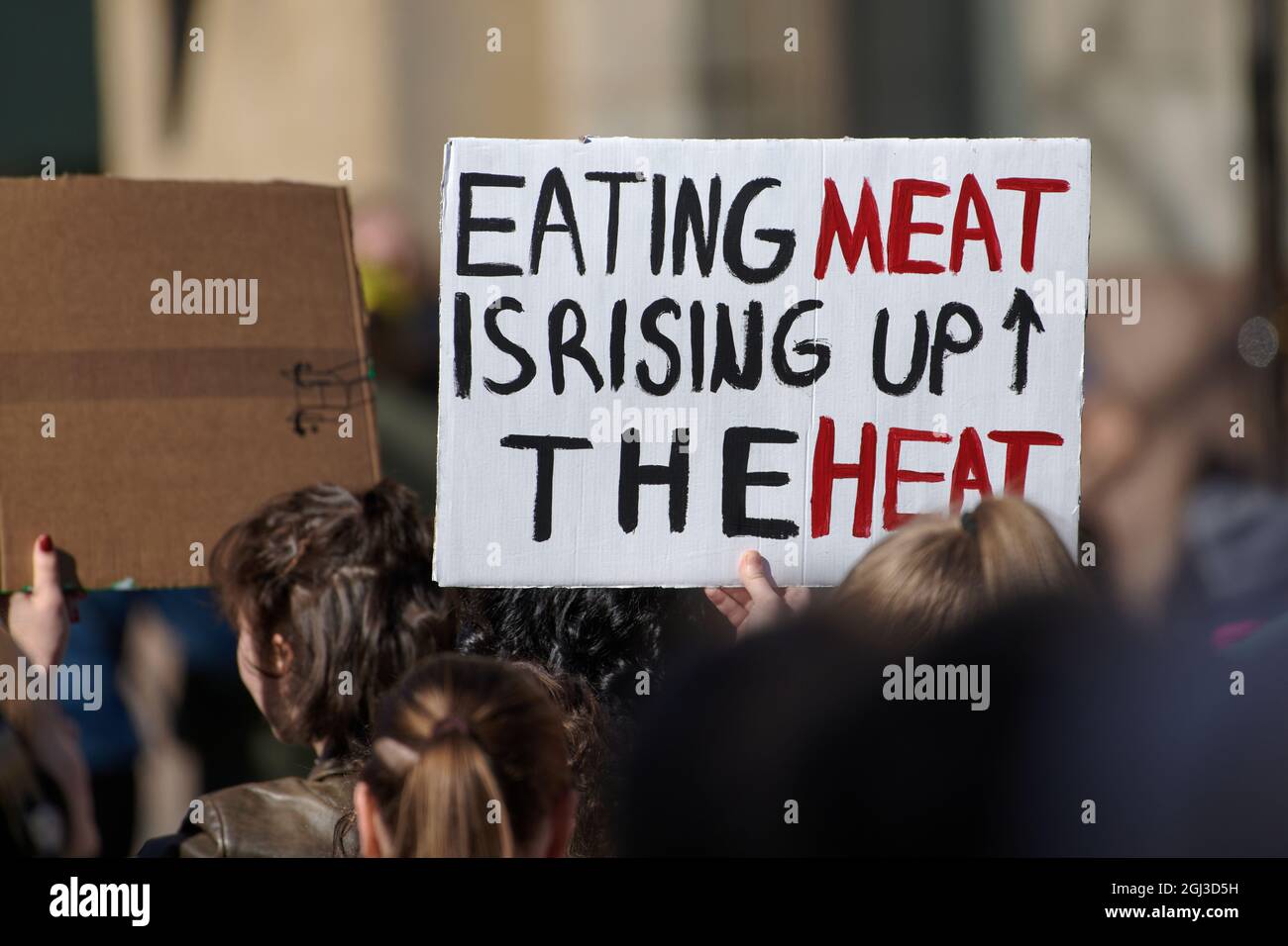 Helsinki, Finlande - 6 avril 2019 : le démonstrateur portant un panneau manger de la viande monte la chaleur lors de la marche de protestation contre le changement climatique. Banque D'Images