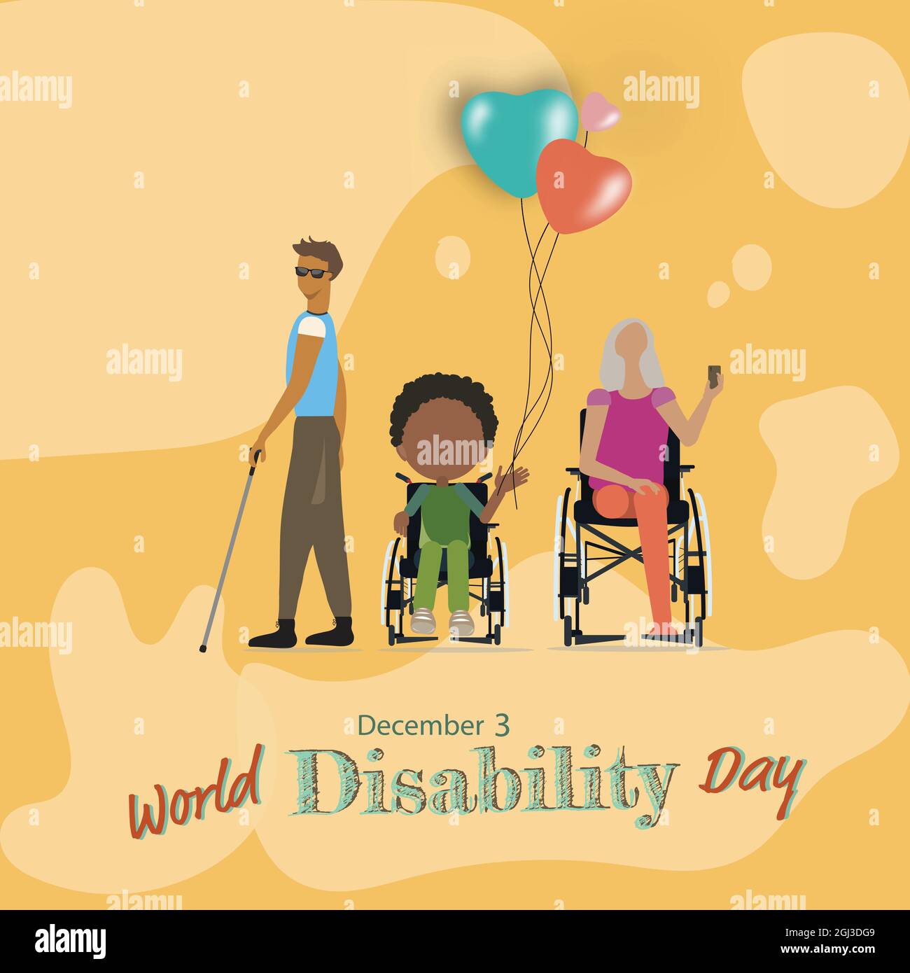 Journée internationale des personnes handicapées. Arrière-plan avec une vieille femme handicapée, un jeune aveugle avec une canne à pied et un garçon en fauteuil roulant. Illustration de Vecteur