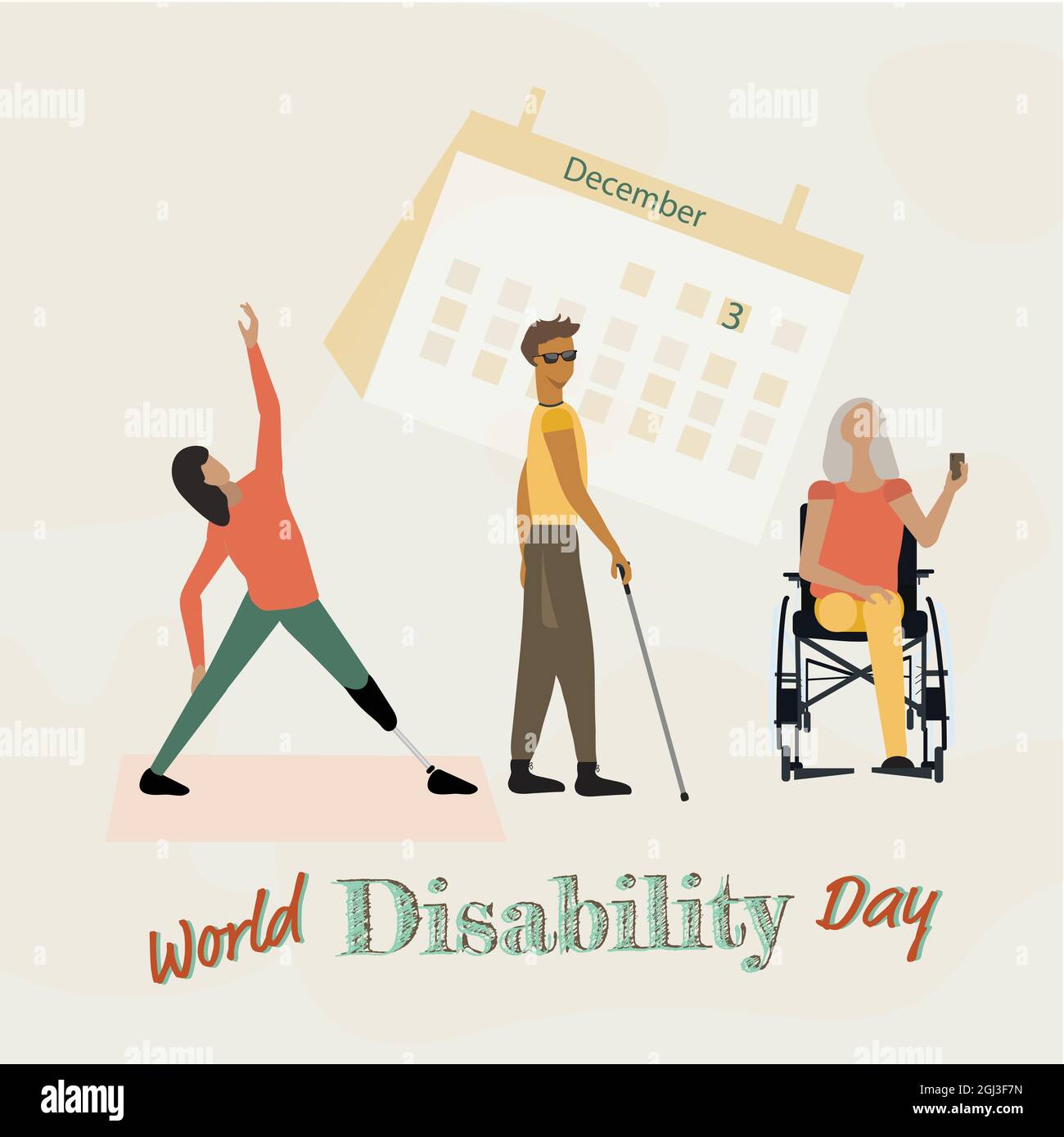 Décembre 3. Feuille de calendrier et personnes handicapées, Journée internationale des personnes handicapées. Illustration vectorielle. Banque D'Images