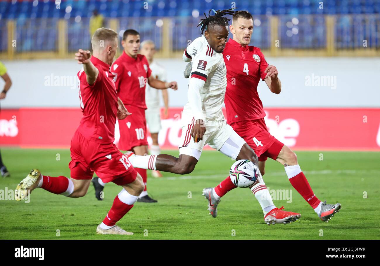 Michy Batshuayi, de Belgique, se bat pour le ballon lors d'un match de football entre la Biélorussie et l'équipe nationale belge Red Devils, jeudi 09 septembre 2021 à Banque D'Images
