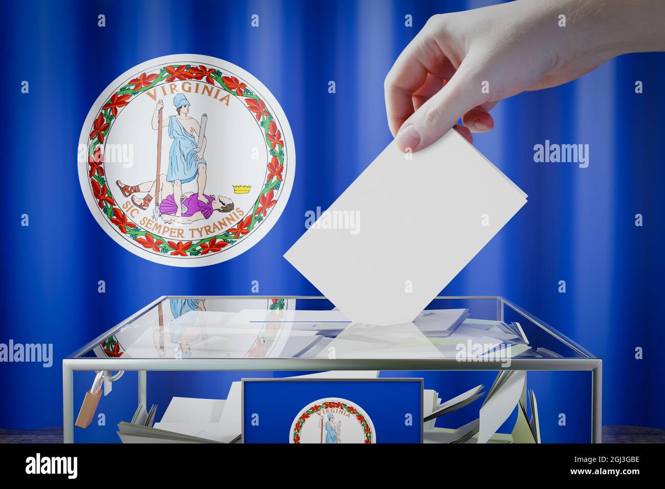 Drapeau de la Virginie, main déposant la carte de vote dans une boîte - vote, concept d'élection - illustration 3D Banque D'Images