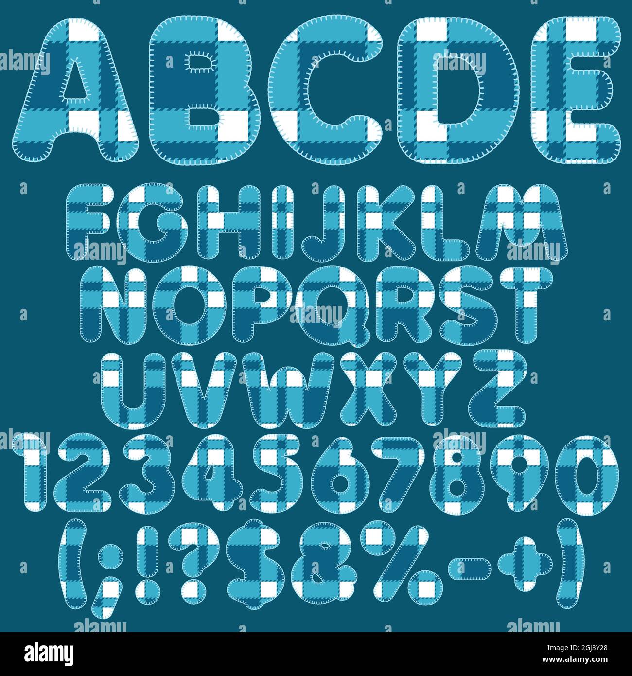 Alphabet, lettres, chiffres et signes en feutre bleu. Objets isolés sur fond blanc. Illustration de Vecteur