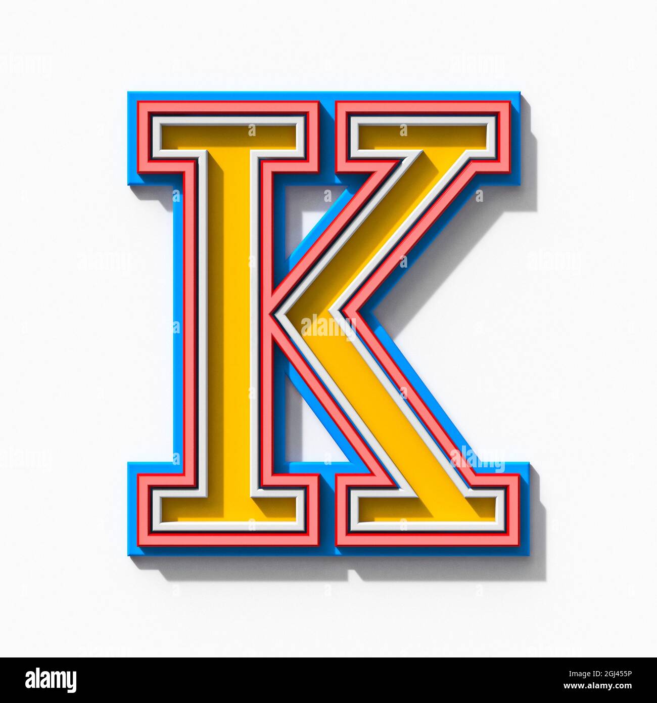 Police entourée colorée de bandes serif avec ombres Illustration de rendu 3D lettre K isolée sur fond blanc Banque D'Images