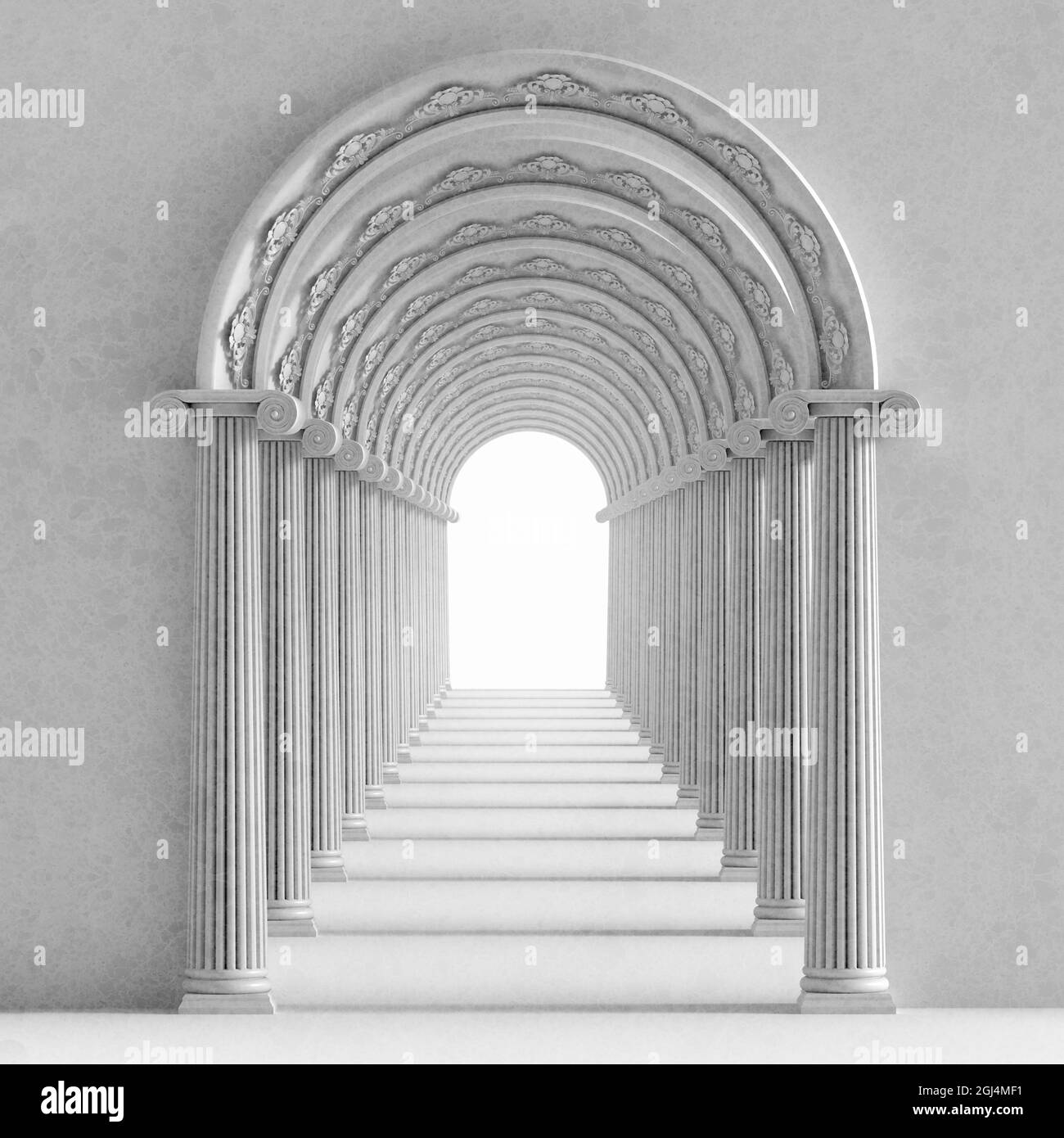 Une illustration authentique d'un tunnel fait d'arches avec des ornements anciens et une lumière à la fin du tunnel.3d rendu. Banque D'Images