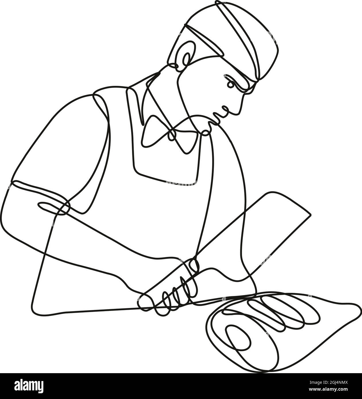 Dessin en ligne continue illustration d'une boucherie avec un cale de viande coupe le pied de jambon fait en ligne simple ou en forme de doodle en noir et blanc sur l'isolat Illustration de Vecteur