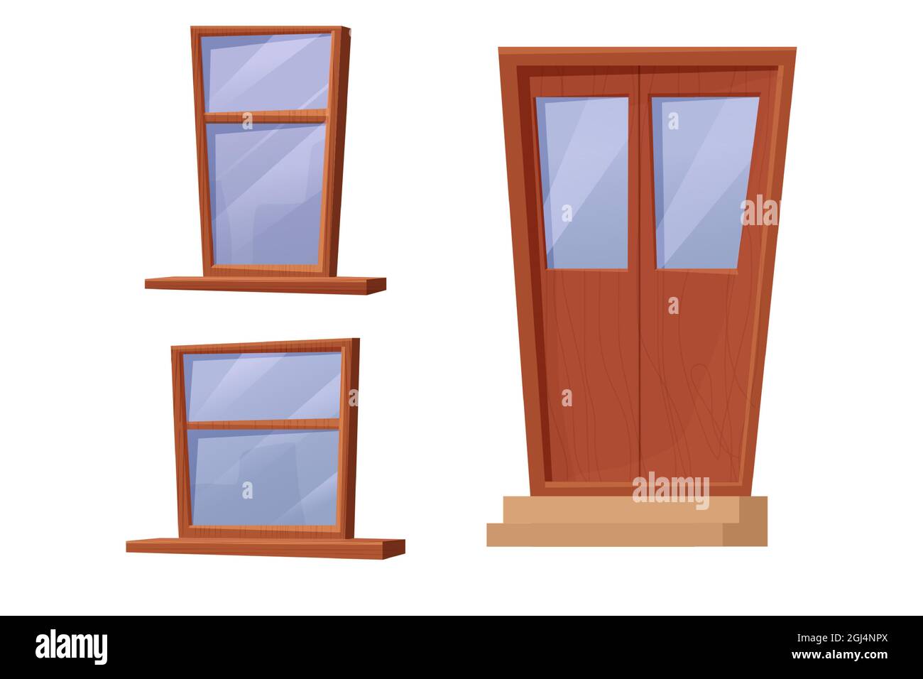 Installer une fenêtre et une porte en bois de style caricature isolée sur fond blanc. Décorations extérieures texturées brunes, éléments. . Illustration vectorielle Illustration de Vecteur