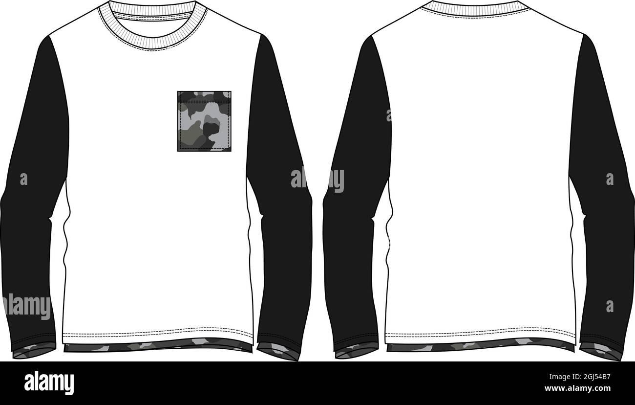Deux tons blanc, noir manches longues col rond avec poche et bas long t-shirt technique mode dessin plat modèle d'illustration vectorielle Illustration de Vecteur