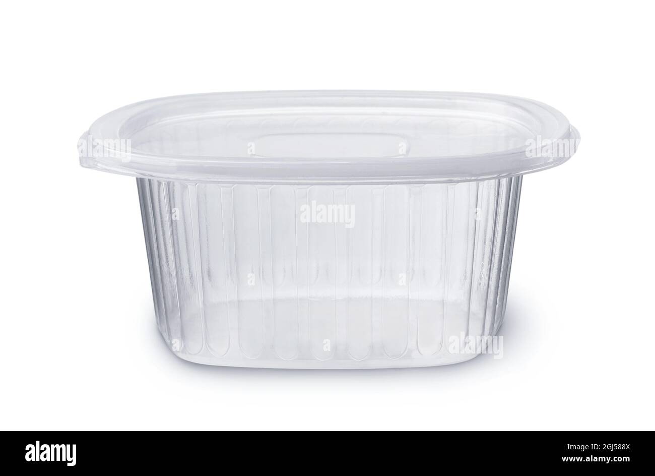 Vue avant de la boîte à nourriture jetable en plastique transparent vide isolée sur du blanc Banque D'Images