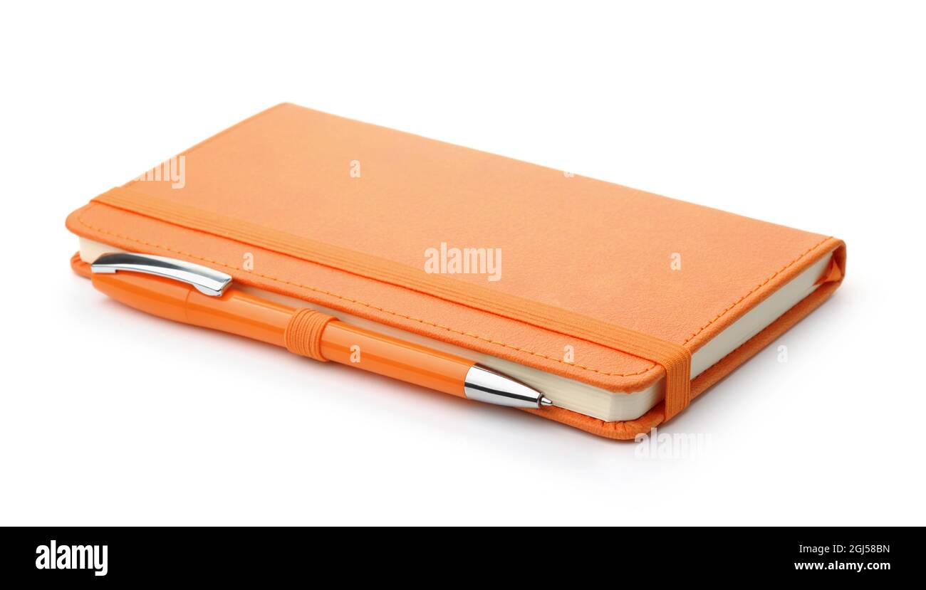 Carnet en cuir orange et stylo à bille isolés sur blanc Banque D'Images