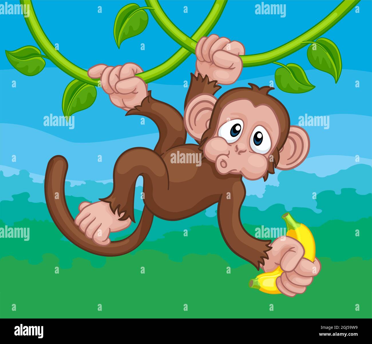 Monkey chantant sur Jungle Vines avec Banana Cartoon Illustration de Vecteur