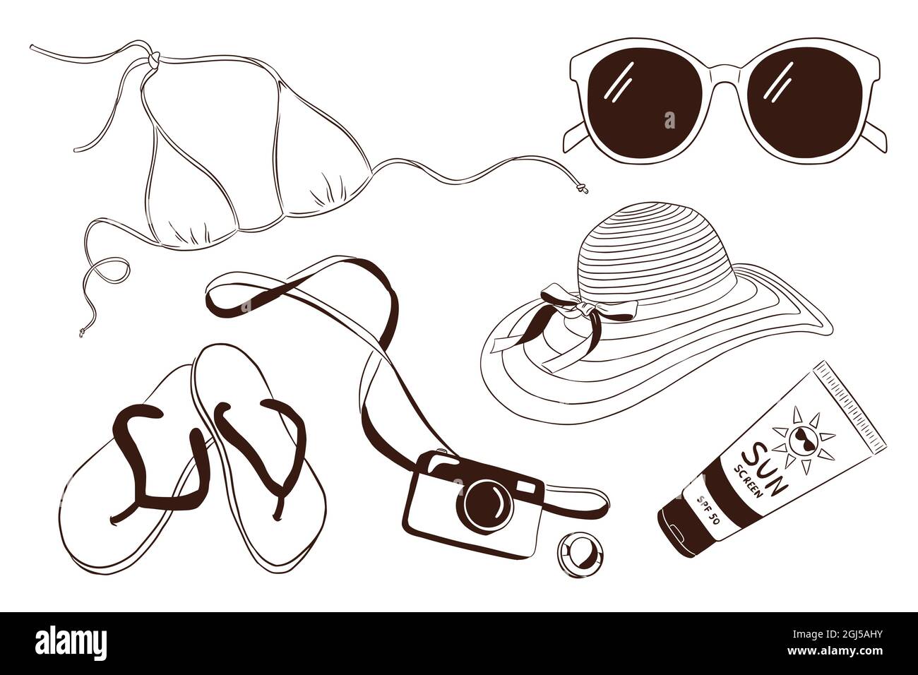 Ensemble d'articles de vacances dessinés à la main.Bikini de lunettes de soleil, tongs, appareil photo, tube solaire, chapeau pour femmes.Collection d'attributs pour les fêtes d'été pour le logo, les autocollants, les imprimés, la conception d'étiquettes.Vecteur Premium Illustration de Vecteur