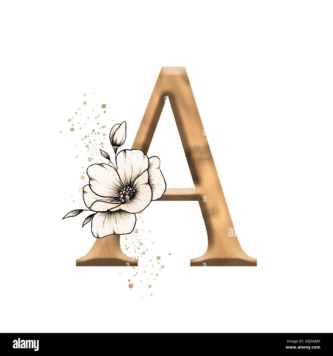 Alphabet floral graphique, lettre or A avec composition de bouquet de fleurs vintage, monogramme unique initial parfait pour les invitations de mariage, les salutations Banque D'Images