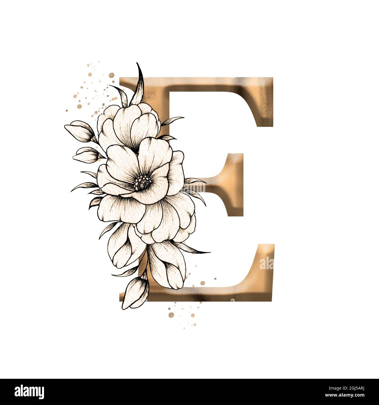 Alphabet floral graphique, lettre d'or E avec composition de bouquet de fleurs vintage, monogramme unique initial parfait pour les invitations de mariage, les salutations Banque D'Images