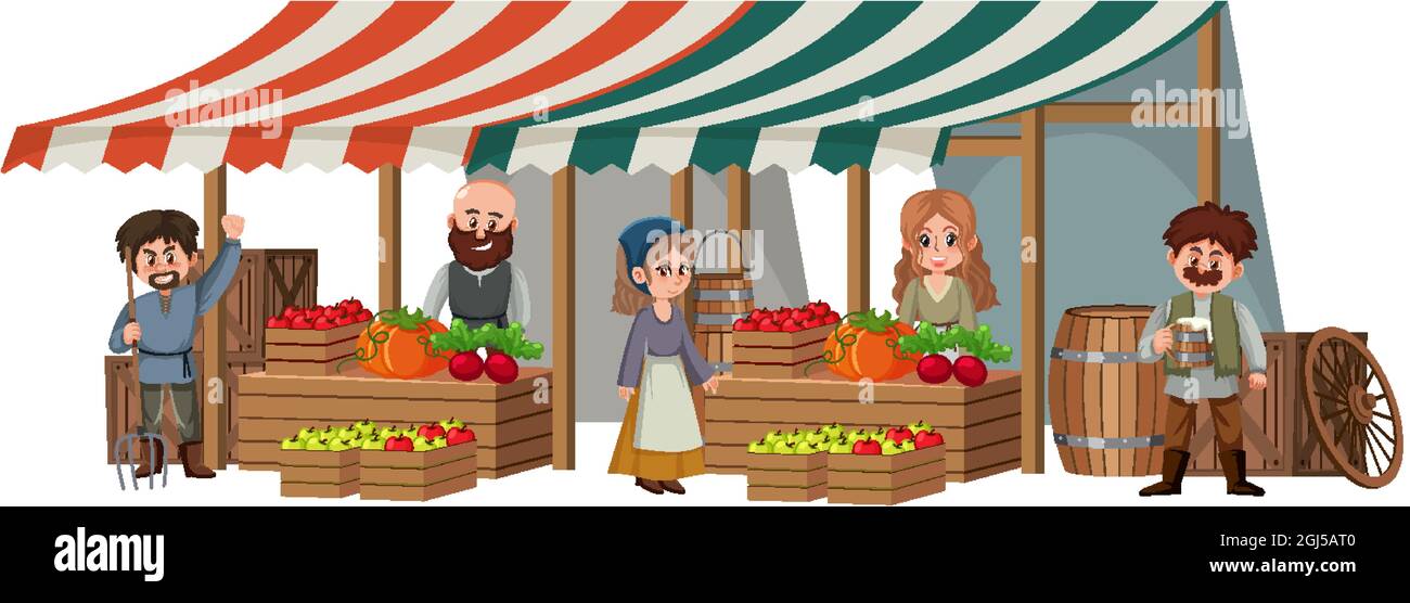 Villageois médiévaux à la boutique de fruits sur fond blanc illustration Illustration de Vecteur