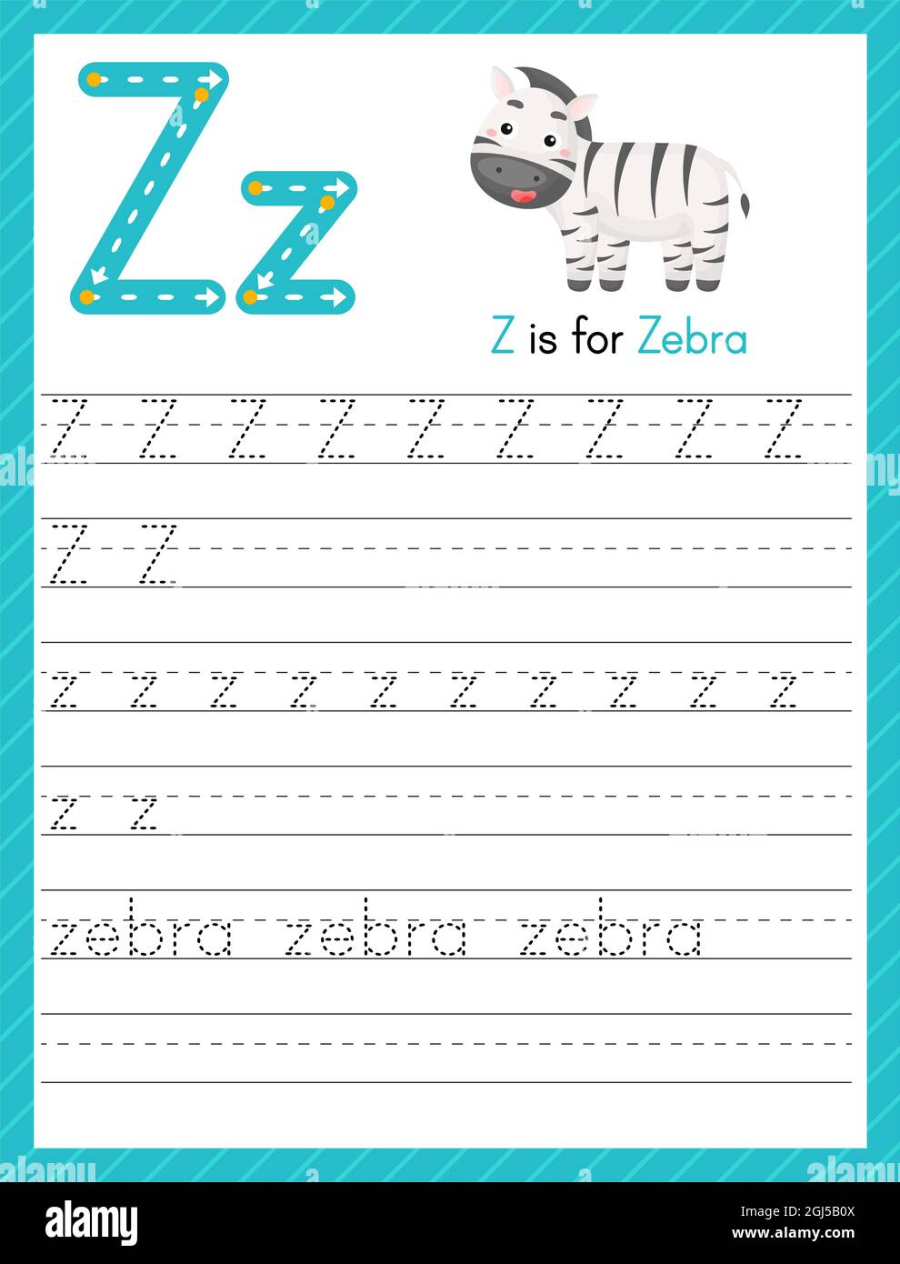 Tracer la lettre Z en majuscules et en minuscules. Feuille de travail préscolaire de pratique de traçage d'alphabet pour les enfants apprenant l'anglais avec mignon animal de dessin animé. Page activité Illustration de Vecteur