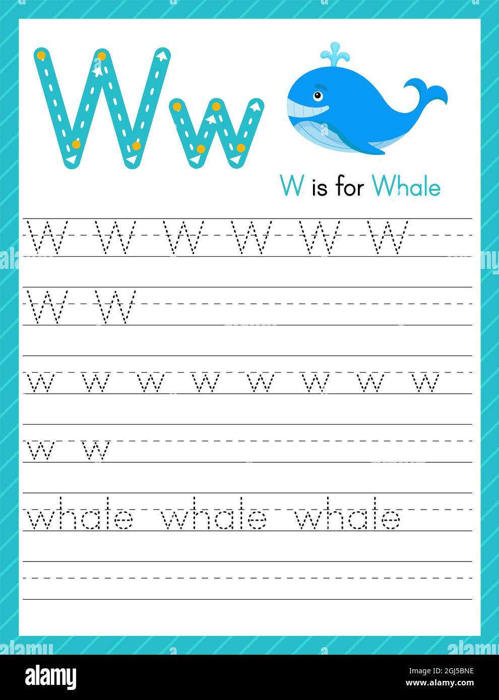 Tracer la lettre W en majuscules et en minuscules. Feuille de travail préscolaire de pratique de traçage d'alphabet pour les enfants apprenant l'anglais avec mignon animal de dessin animé. Page activité Illustration de Vecteur
