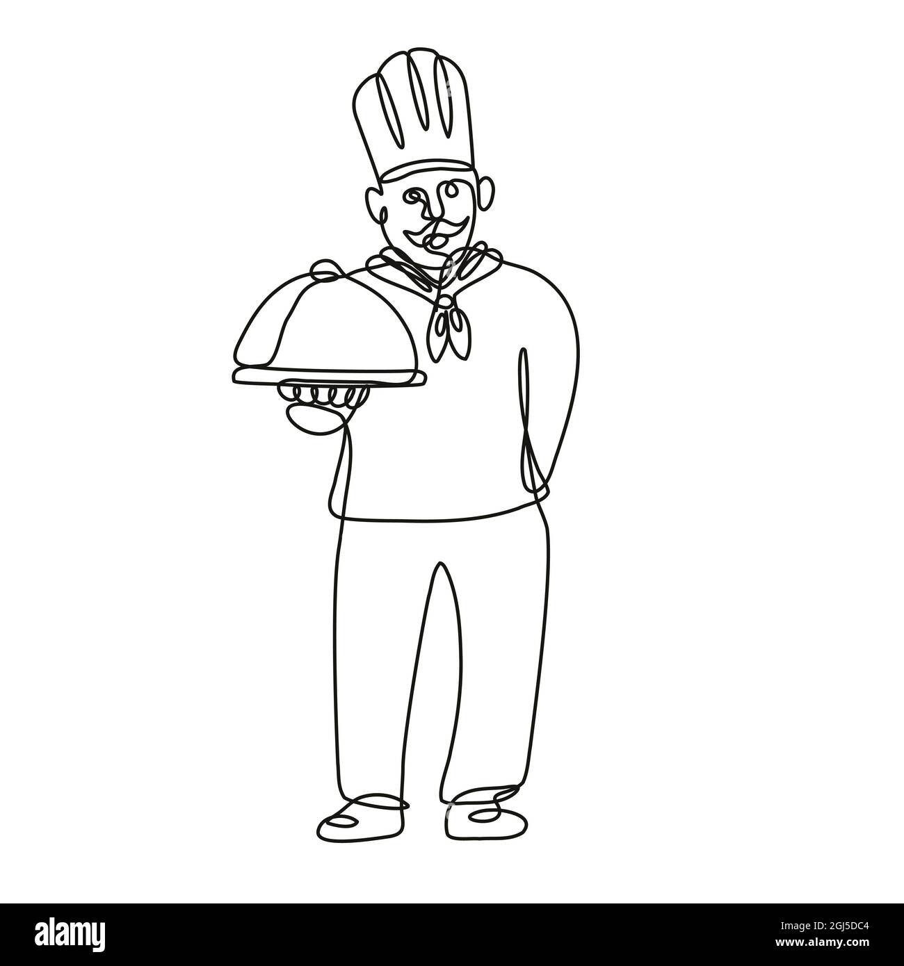 Chef cuisinier ou Baker tenant un plateau vue de face dessin continu Banque D'Images