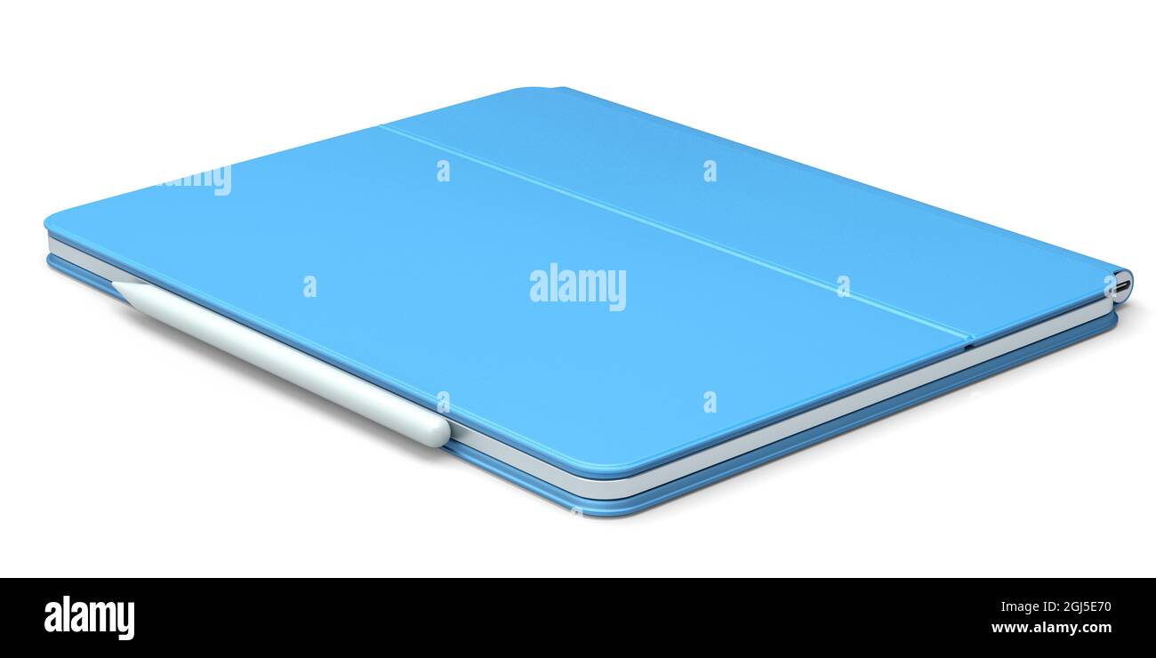 Tablette d'ordinateur avec housse bleue et crayon isolés sur fond blanc. Le concept de rendu 3D de l'équipement de créateur et de workspac compact Banque D'Images Tablette d'ordinateur avec housse bleue et crayon isolés sur fond blanc. Le concept de rendu 3D de l'équipement de créateur et de workspac compact Banque D'Images