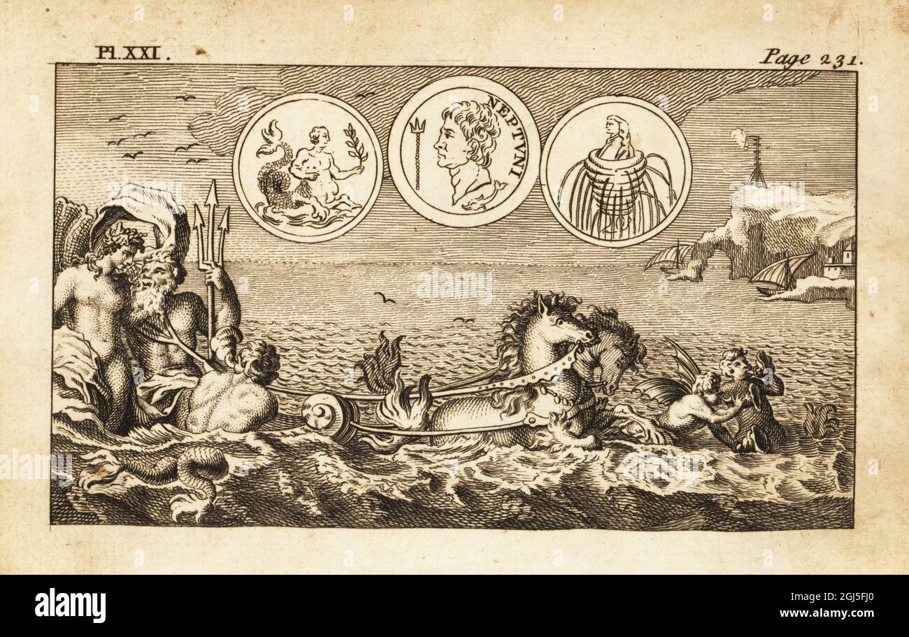 Neptune, Dieu romain des mers, avec la reine Amphitrite. Montré avec le sceptre et trident, dans un char de pétoncles dessiné par des hippocampes et des mermen. Gravure sur plaque de coperplate du Panthéon d’Andrew Tooke, représentant les fabuleuses histoires des Dieux de Heaten, Londres, 1757. Banque D'Images