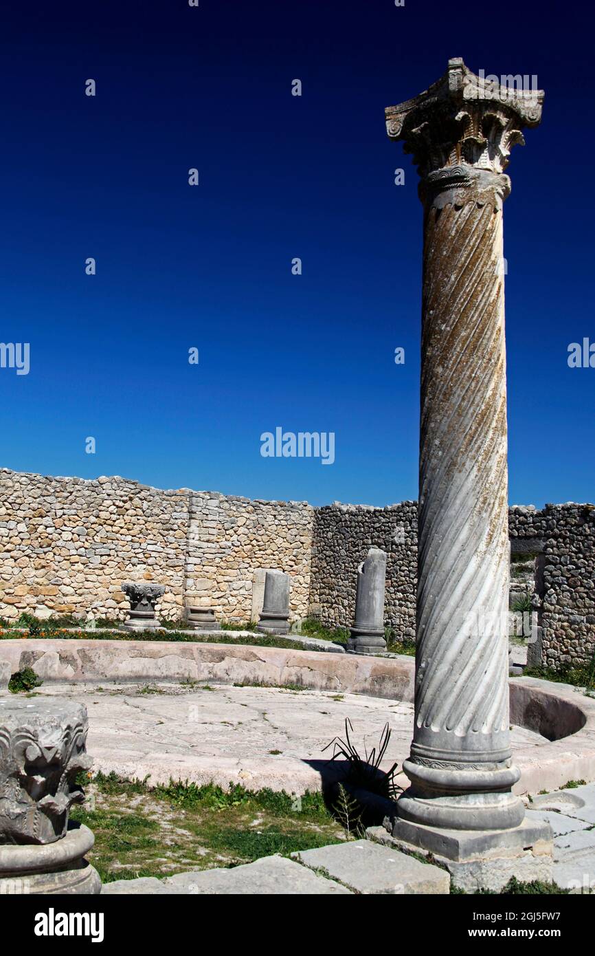 Afrique, Maroc, Volubilis. Ruines romaines anciennes à Volubilis, site classé au patrimoine mondial de l'UNESCO. Banque D'Images