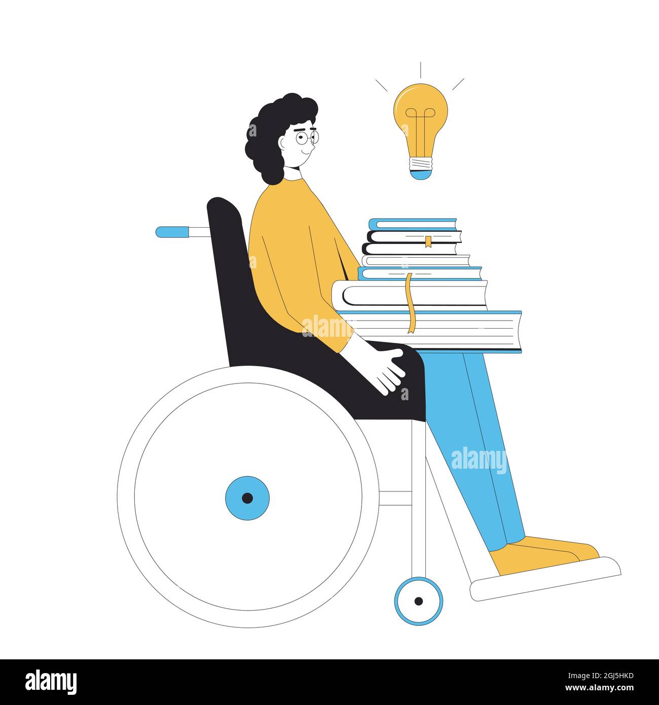 Inclusion éducation et apprentissage. Connaissances. Étudiant en fauteuil roulant avec livres. Préparation de l'examen. Illustration de la ligne de couleur vectorielle. Illustration de Vecteur