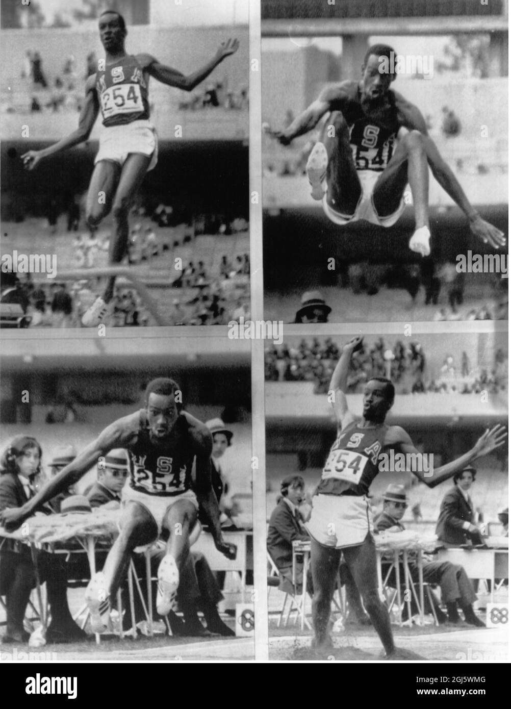 Quatre études de Bob BeamOn en action pendant l'épreuve de saut de longue durée des hommes au cours de laquelle il a battu le record du monde et a gagné une médaille d'or olympique Mexico City 1968 Banque D'Images