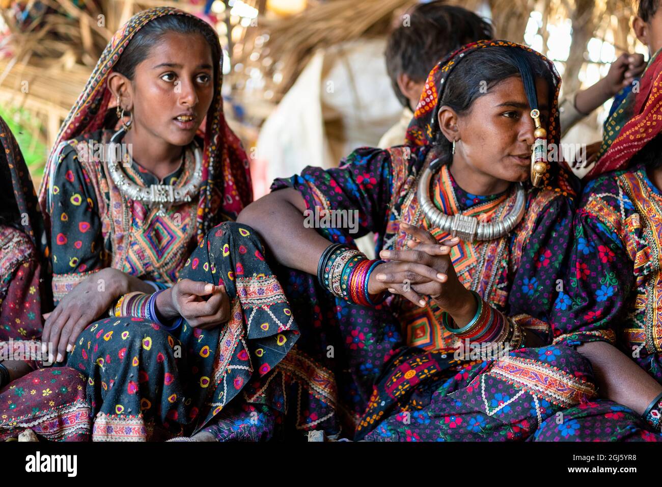 Inde, Gujarat, Grand Rann de Kutch, Bhuj, Tribe. Portrait d'un groupe de femmes avec leur anneau de nez distinctif. (Usage éditorial uniquement) Banque D'Images