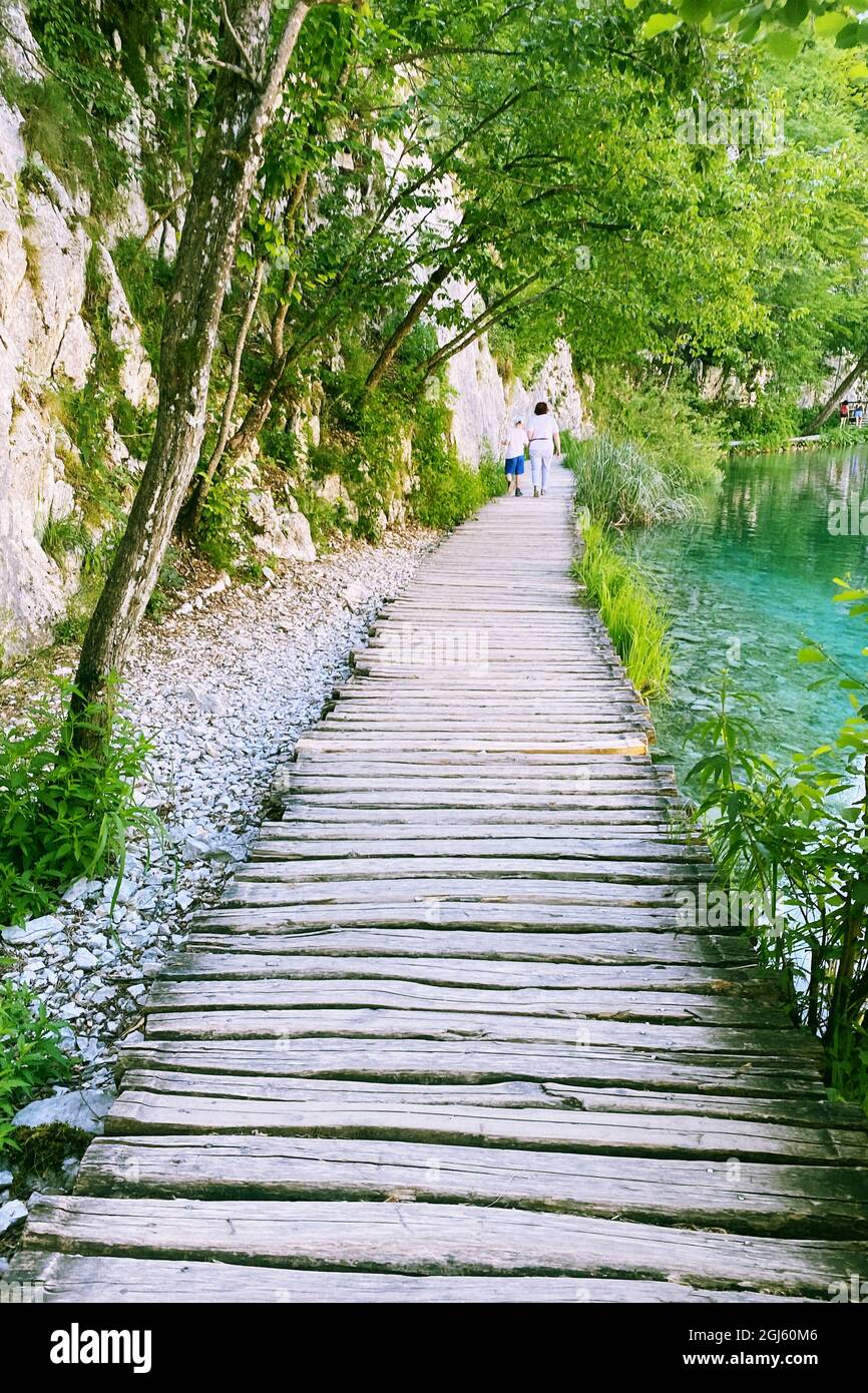 Paysages d'été le long du lac vert en voyage. Passerelle en bois. Promenade touristique. Banque D'Images