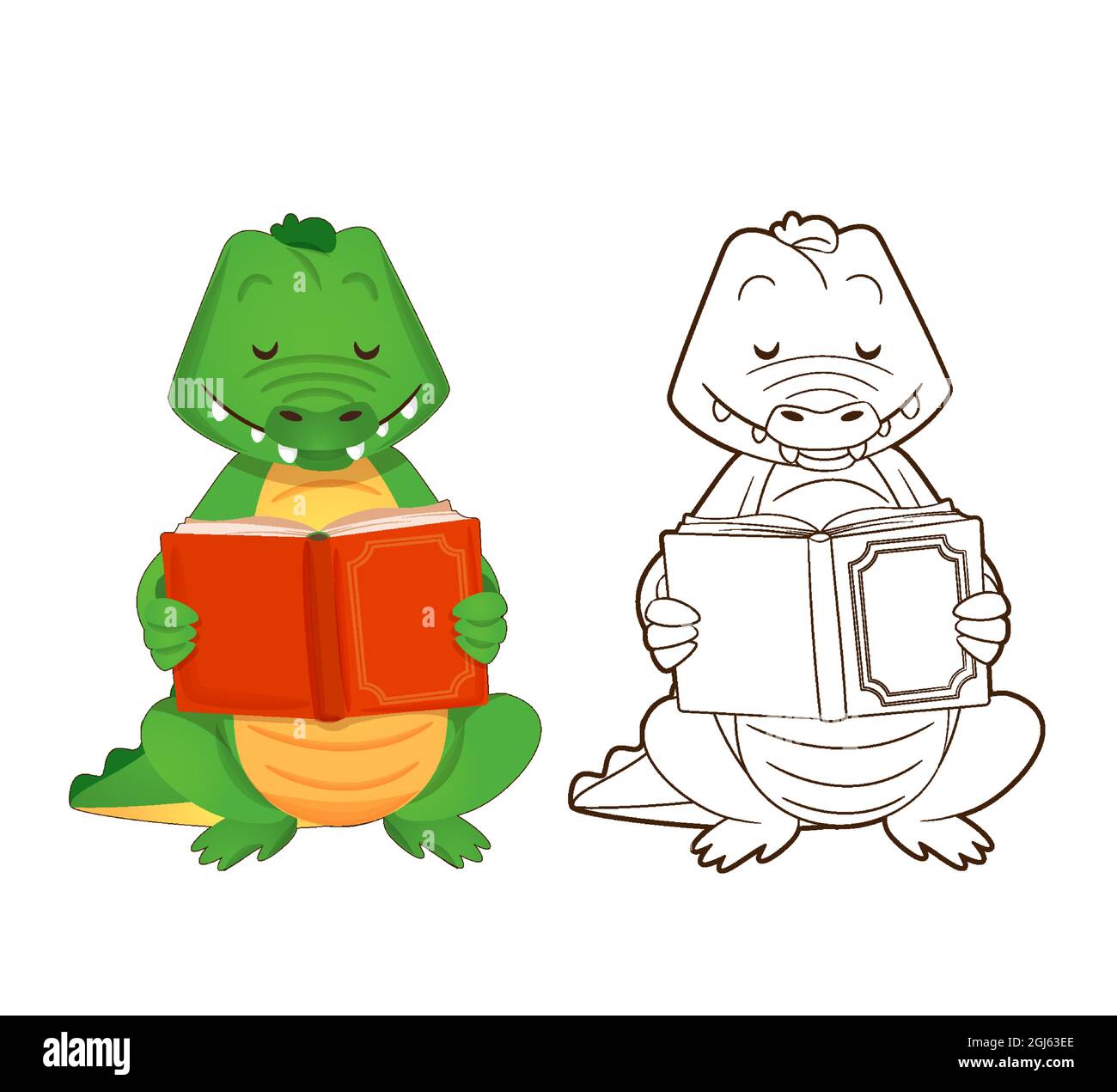 Livre de coloriage, le crocodile vert mignon est en train de lire un livre. Illustration vectorielle de style dessin animé, dessin de contour Illustration de Vecteur