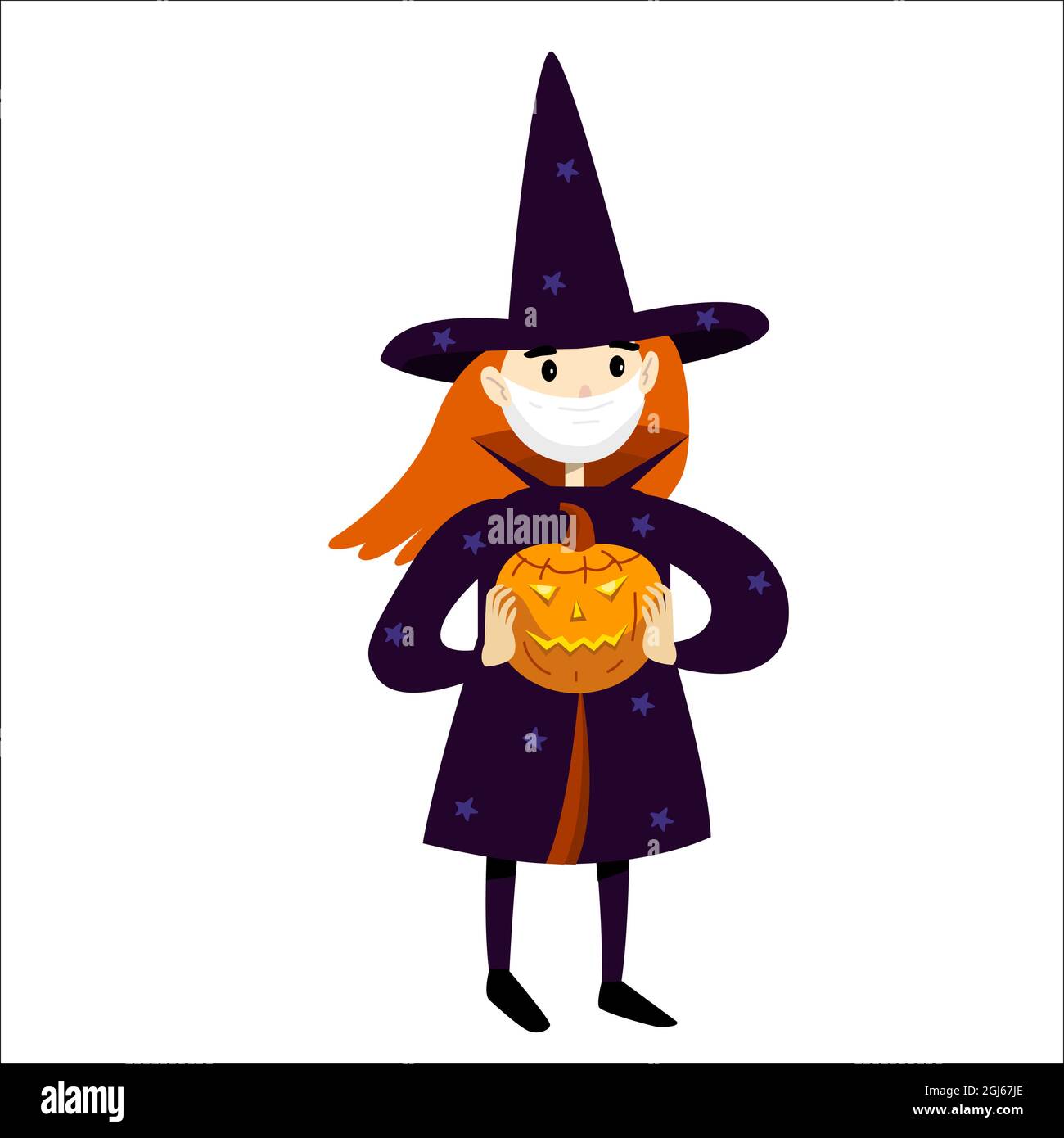 Petite fille en costume de sorcière halloween et masque de protection. Illustration de la protection contre les coronavirus. Illustration vectorielle de style dessin animé isolée sur Illustration de Vecteur