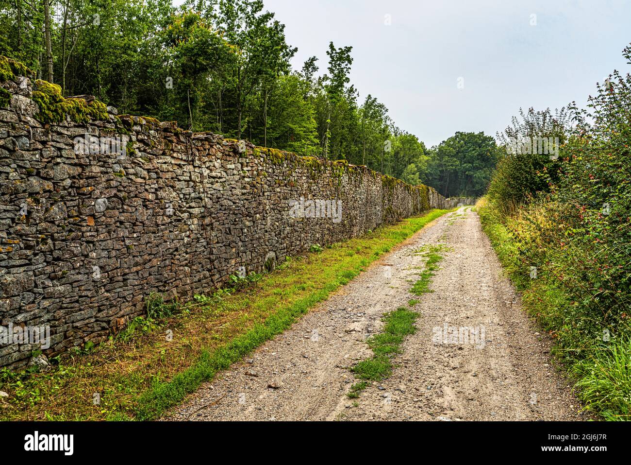 Clôture en pierre avec mur en pierre sèche et route de terre entourant la résidence fortifiée de Poizieu. Chazeau, région Auvergne-Rhône-Alpes, Isère, France, EUR Banque D'Images Clôture en pierre avec mur en pierre sèche et route de terre entourant la résidence fortifiée de Poizieu. Chazeau, région Auvergne-Rhône-Alpes, Isère, France, EUR Banque D'Images