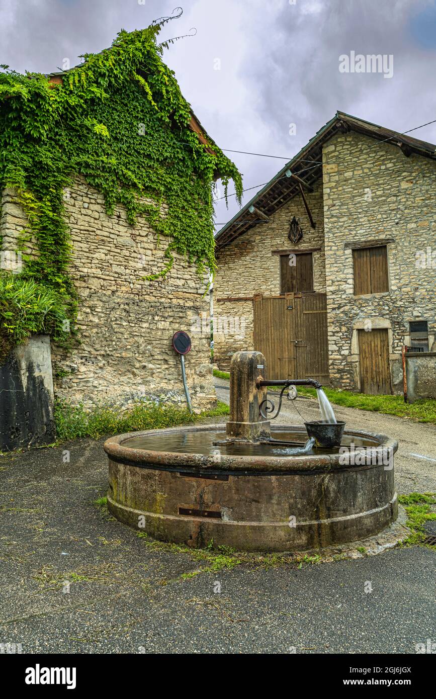 Fontaine caractéristique avec bassin sur la place du vieux village médiéval de Crémieu. Crémieu, région Auvergne-Rhône-Alpes, France Banque D'Images