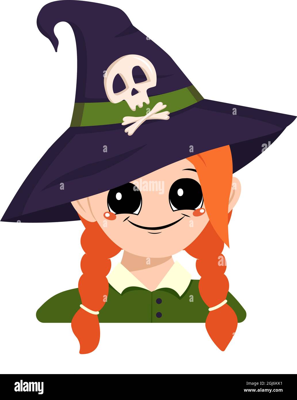 Avatar D Une Fille Aux Cheveux Rouges Grands Yeux Et Un Grand Sourire Heureux Dans Un Chapeau De Sorciere Pointu Avec Un Crane La Tete D Un Enfant Avec Un Visage Joyeux Decoration De