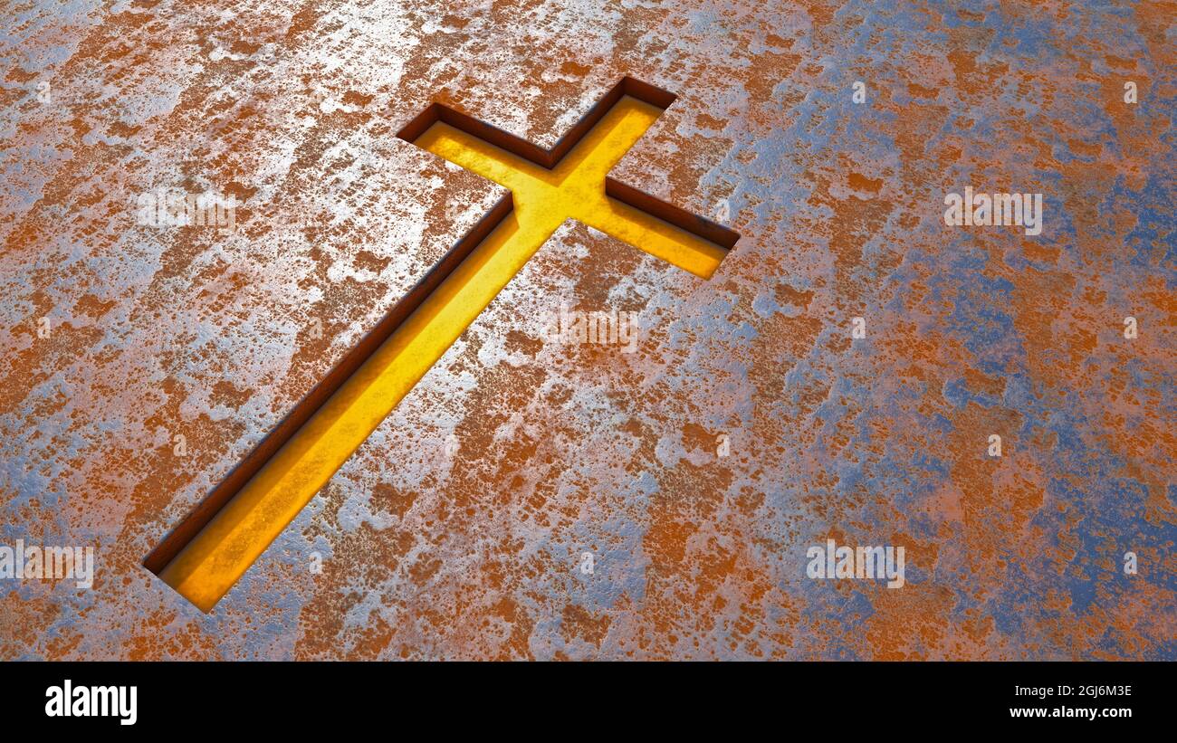 Concept ou croix d'or conceptuelle sur un fond en tôle corrodée rouillée ou en tôle d'acier. métaphore de l'illustration 3d pour Dieu, Christ, religieux, foi, h Banque D'Images