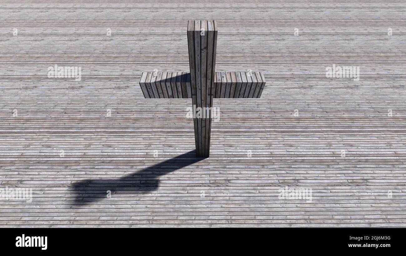 Concept ou croix conceptuelle sur fond de bois naturel ou de texture en bois. métaphore de l'illustration 3d pour Dieu, Christ, Christianisme, religieux, foi, Banque D'Images