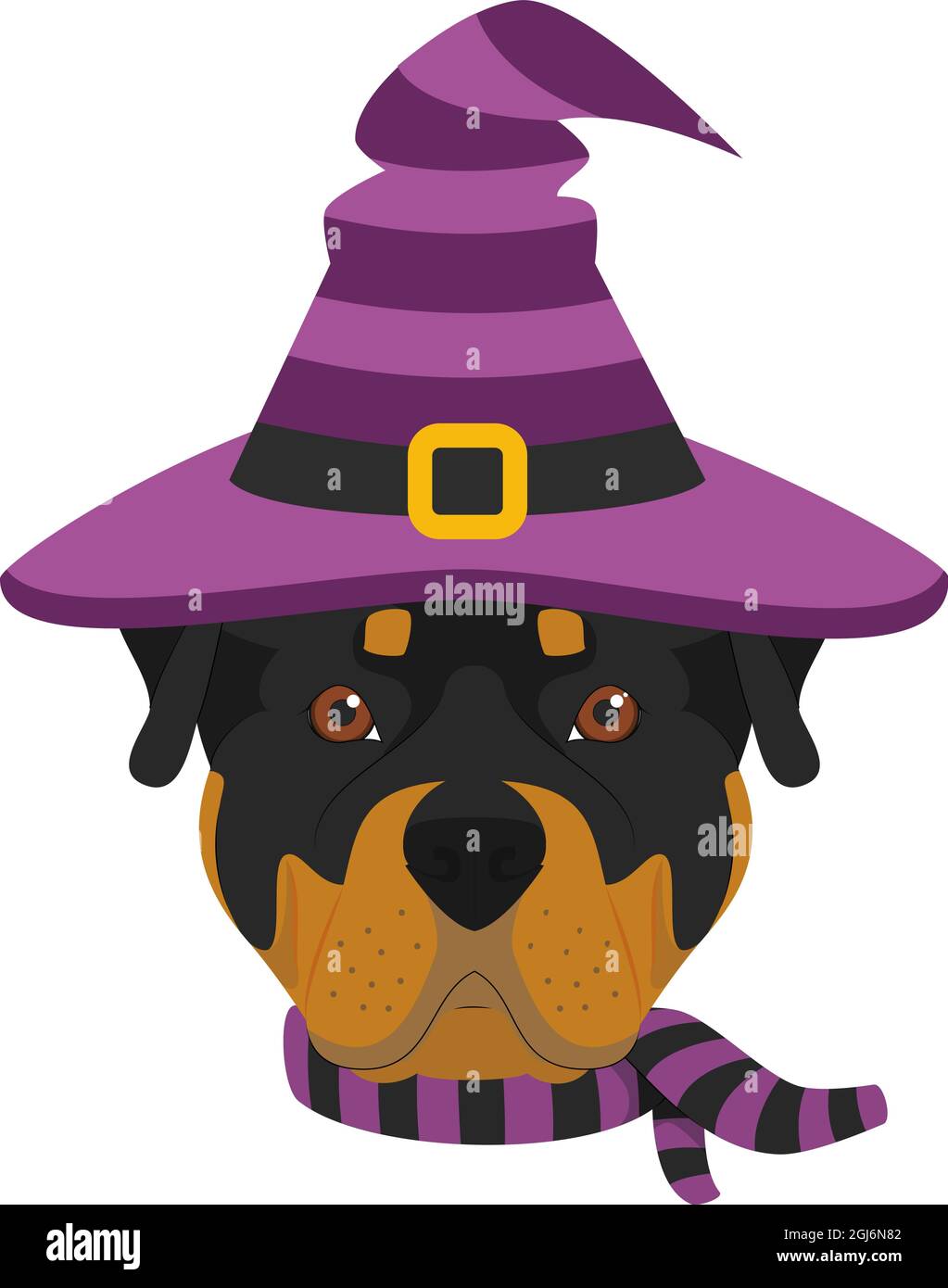 Carte de voeux pour Halloween. Rottweiler chien habillé comme une sorcière avec chapeau et foulard noir et violet Illustration de Vecteur