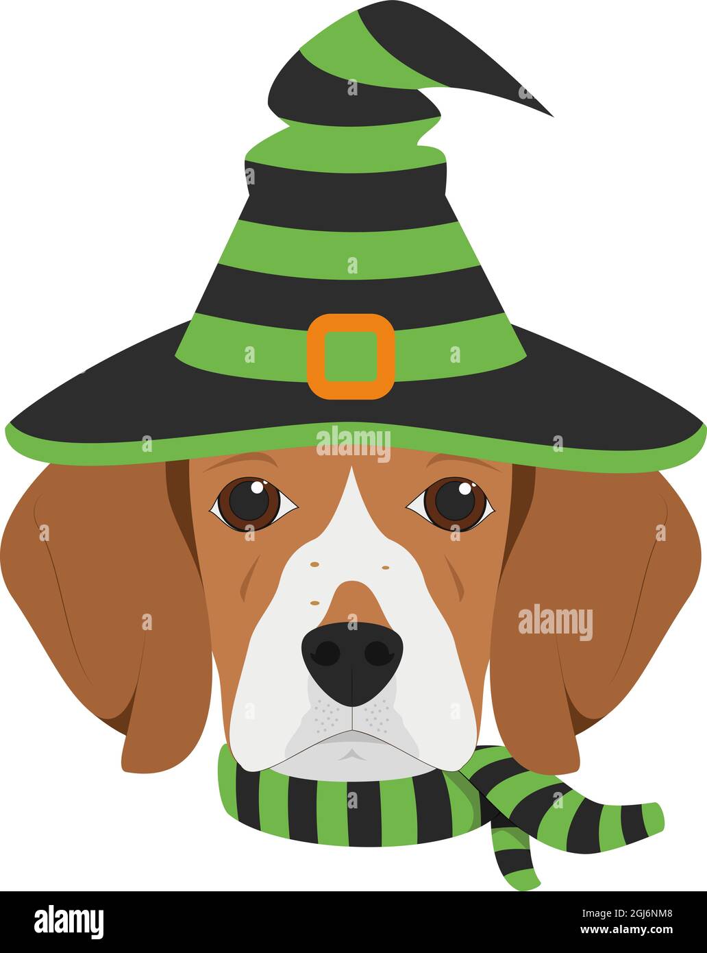 Carte de voeux pour Halloween. Chien de Beagle habillé comme une sorcière avec chapeau noir et vert et foulard Illustration de Vecteur