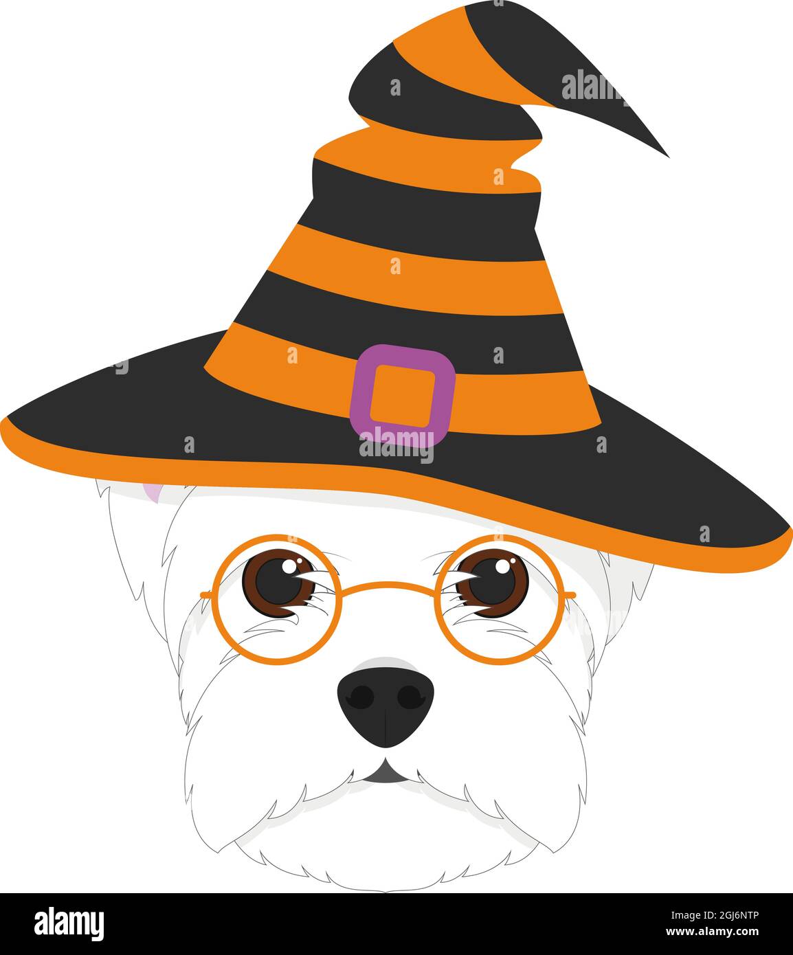 Carte de voeux pour Halloween. West Highland White Terrier chien habillé comme une sorcière avec des lunettes et un chapeau noir et orange Illustration de Vecteur