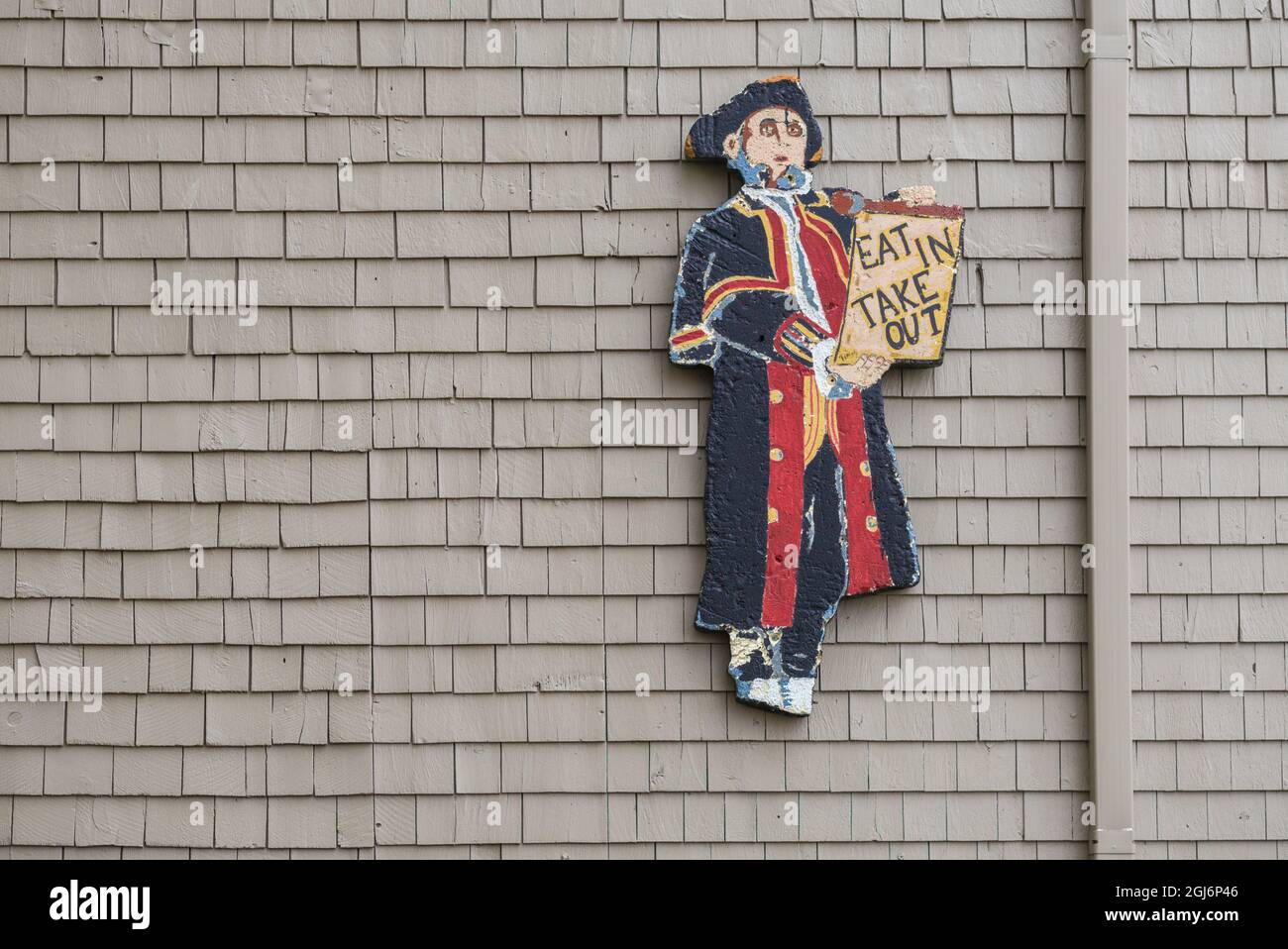 Canada, Nouvelle-Écosse, Shelburne. Panneau du restaurant, « manger à l'entrée, à emporter ». Banque D'Images