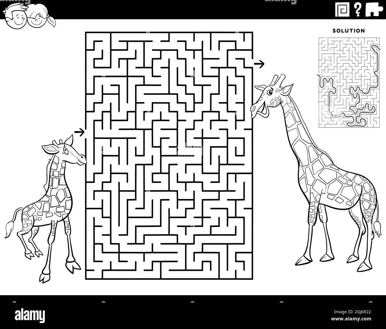 Dessin animé noir et blanc illustration du jeu éducatif de puzzle de labyrinthe pour les enfants avec la girafe de bébé et la page de livre de coloriage de maman Illustration de Vecteur