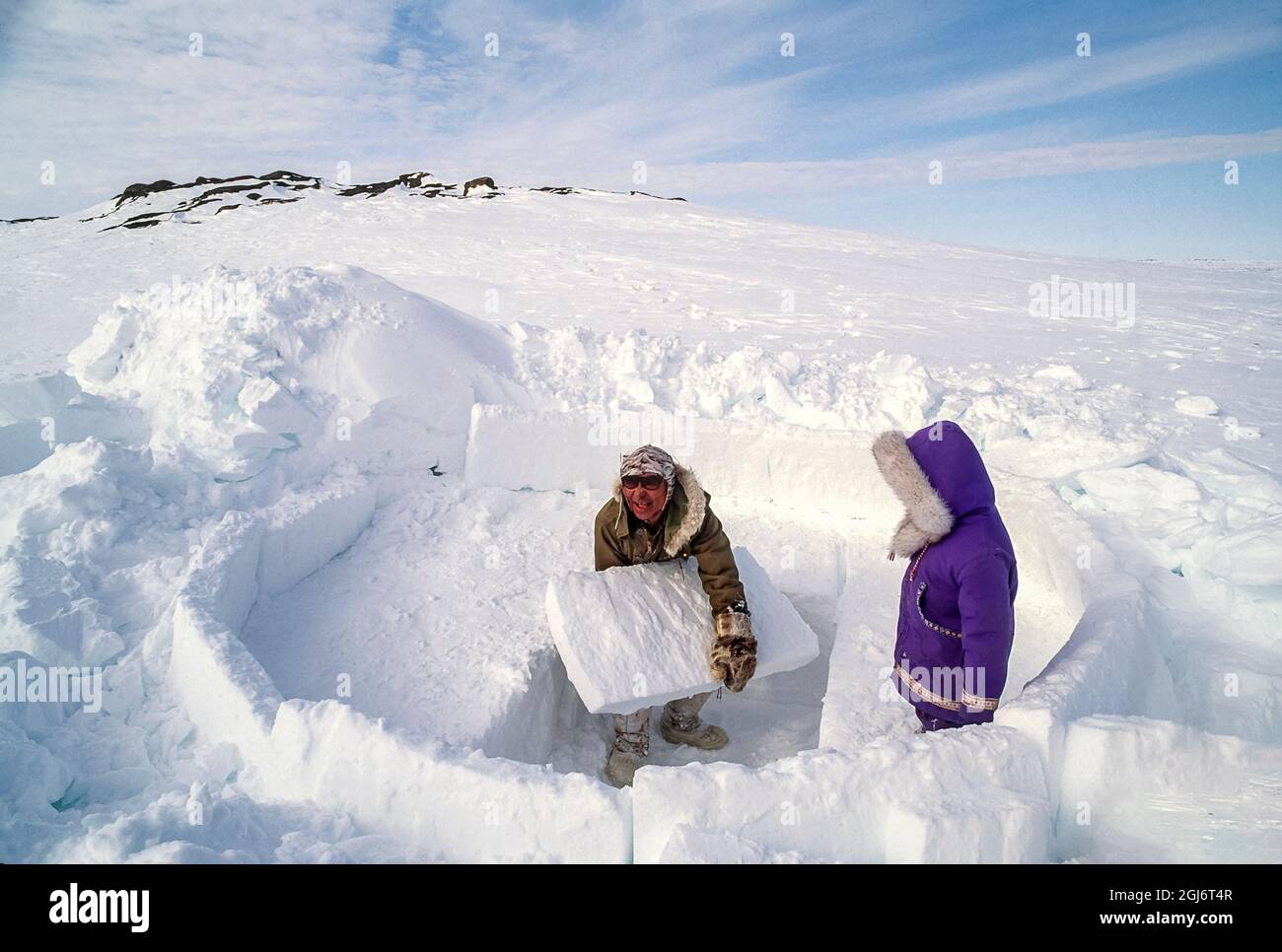 Baker Lake, Nunavut, Canada. Homme inuit aîné, habillé de vêtements modernes d'hiver, plaçant des blocs de glace tout en construisant des igloo traditionnels. Son ol de quatre ans Banque D'Images