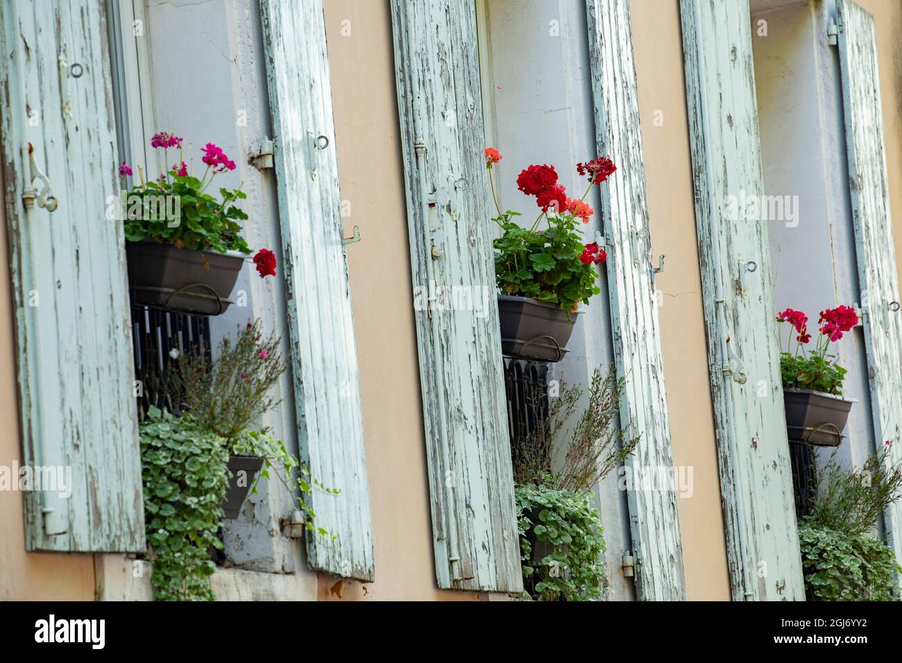 Fleurs dans la fenêtre de la maison Manosque en Provence région du Sud de la France. Banque D'Images
