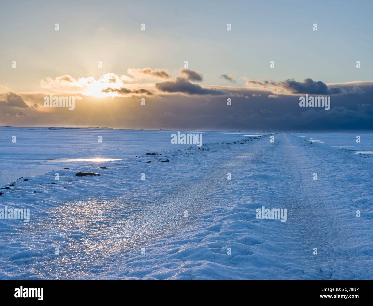 Route de campagne glacée. Paysage dans les fjords de l'est de l'Islande entre Hofn et Djupivogur. Islande. Banque D'Images
