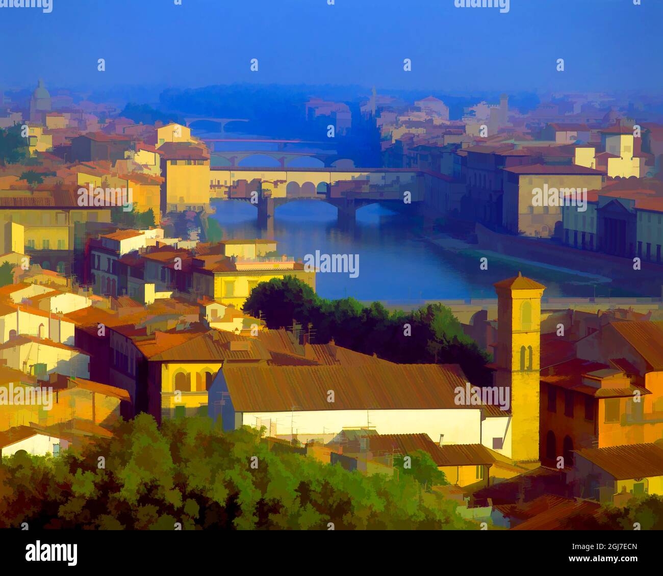 Europe, Italie, Florence. Résumé de la ville et de la rivière Arno au lever du soleil. Banque D'Images