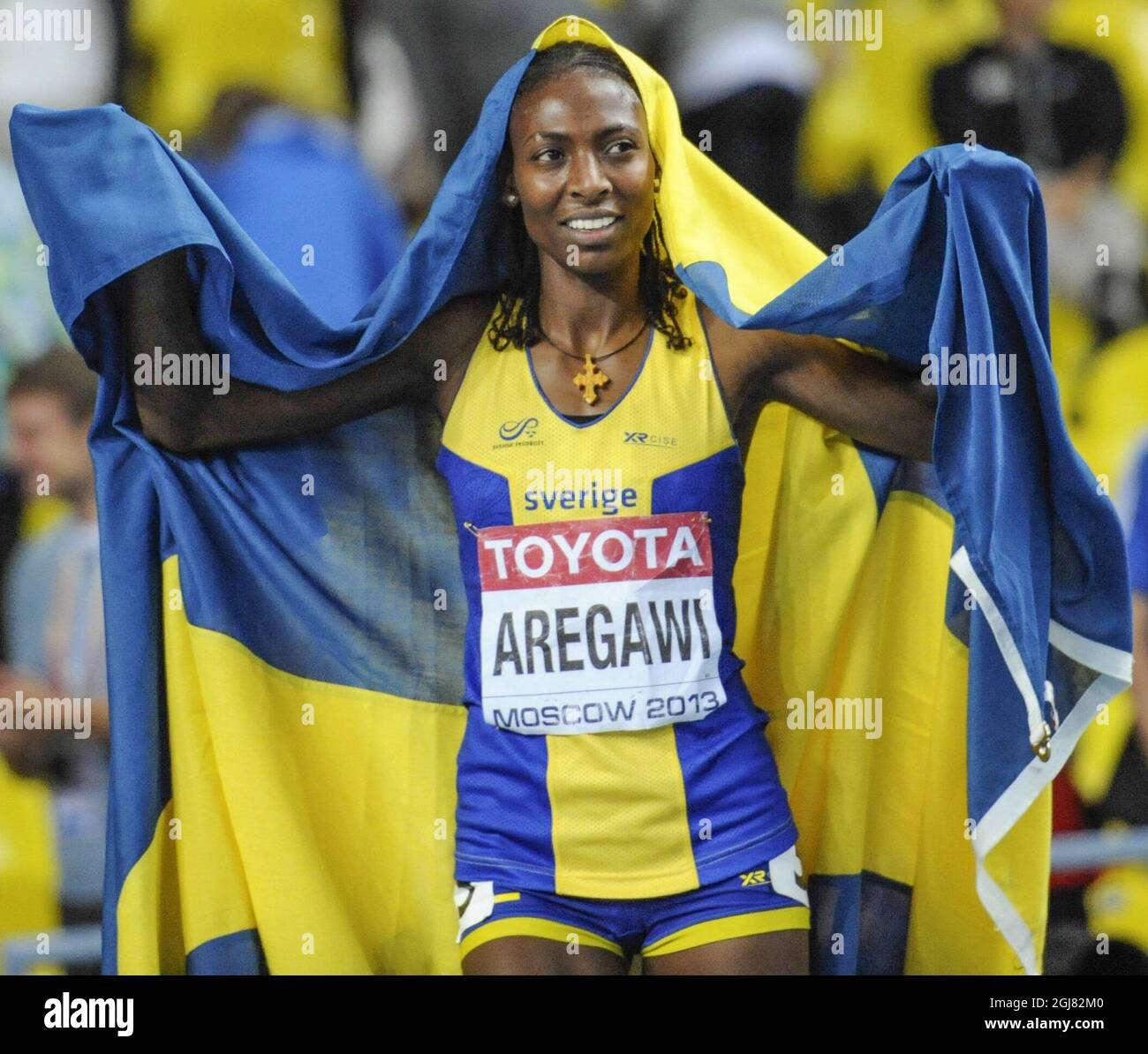 Abeba Aregawi, en Suède, réagit après avoir remporté la finale féminine de 1500 mètres aux Championnats du monde de l'IAAF 2013 au stade Luzhniki à Moscou le 15 août 2013. Photo Erik Martensson / SCANPIX / Kod 10400 Banque D'Images