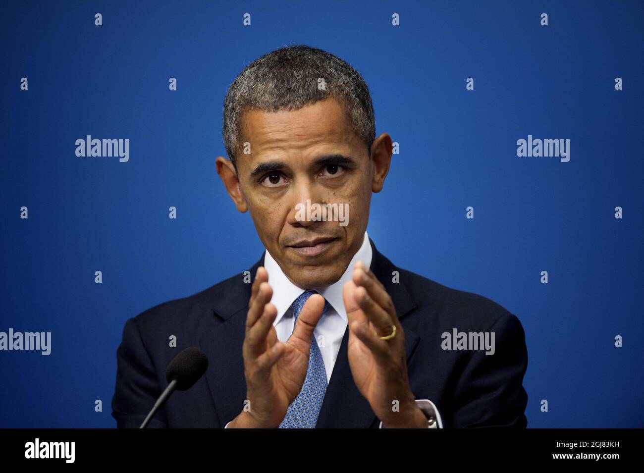 STOCKHOLM 20130904 le président américain Barack Obama lors de la conférence de presse dans les bureaux du gouvernement à Stockholm, Suède, le 4 septembre 2013. Le président Obama est en Suède pour des pourparlers bilatéraux avant un sommet du G20 en Russie. Foto Jessica Gow / SCANPIX Kod 10070 Banque D'Images