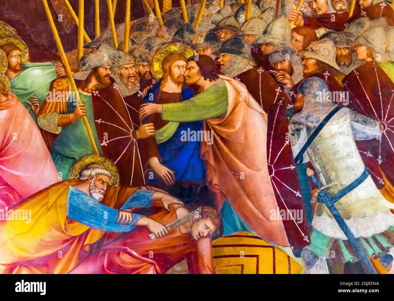 Fresque médiévale de la Renaissance de Judas et Jésus Christ embrassant, Collégiale de Santa Maria Assunta, San Gimignano, Toscane, Italie. De la 1400' Banque D'Images